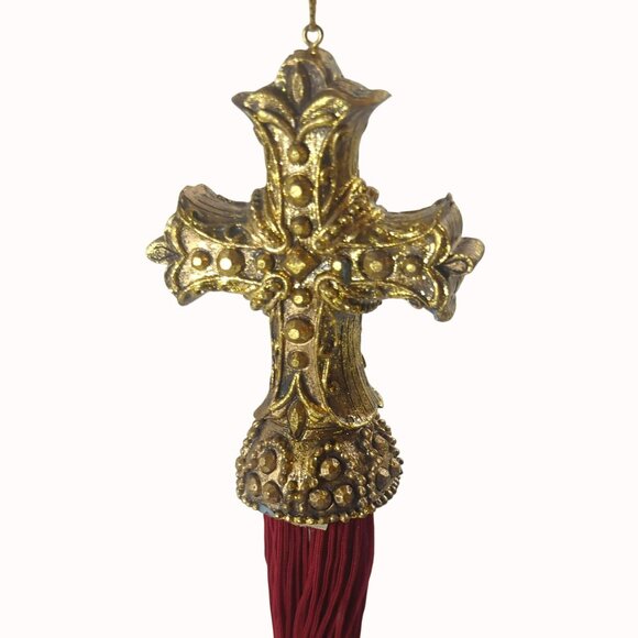 Ornate Jeweled Gold Cross Tassel Decor With Gem Accents & Red Fringe - Picture 3 of 6